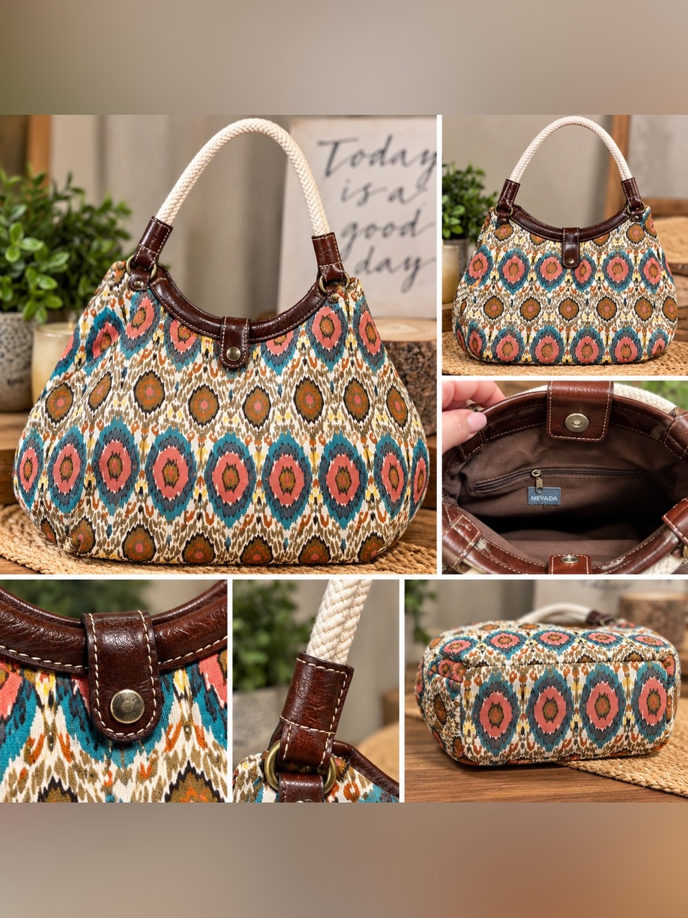 Nevada Boho Ikat Hobo Tote Bag Rope Handle Brown Teal Coral